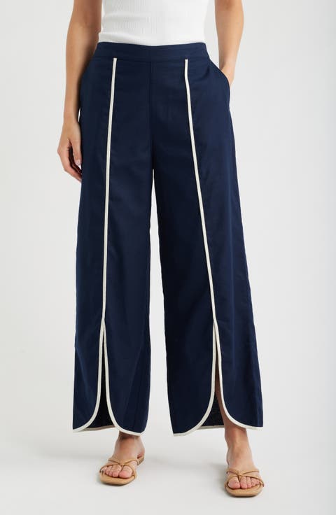 Piped High Waist Split Hem Cotton & Linen Pants