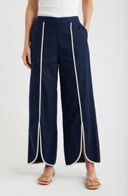 NIC+ZOE Piped High Waist Split Hem Cotton & Linen Pants