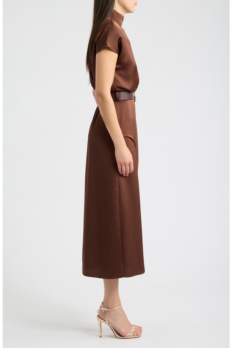 Belted Mock Neck Satin Midi Dress, Alternate, color, BROWN