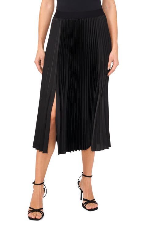 Pleated Slit Hem Midi Skirt