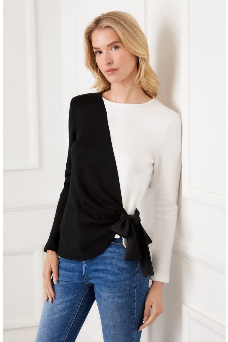Colorblock Satin Bow Crossover Hem Knit Top, Alternate, color, BLACK/ IVORY