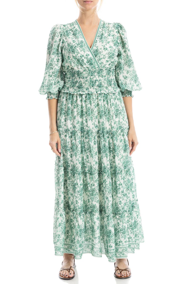 MAX STUDIO Surplice Neck Smocked Waist Maxi Dress, Main, color, Cream/ Green