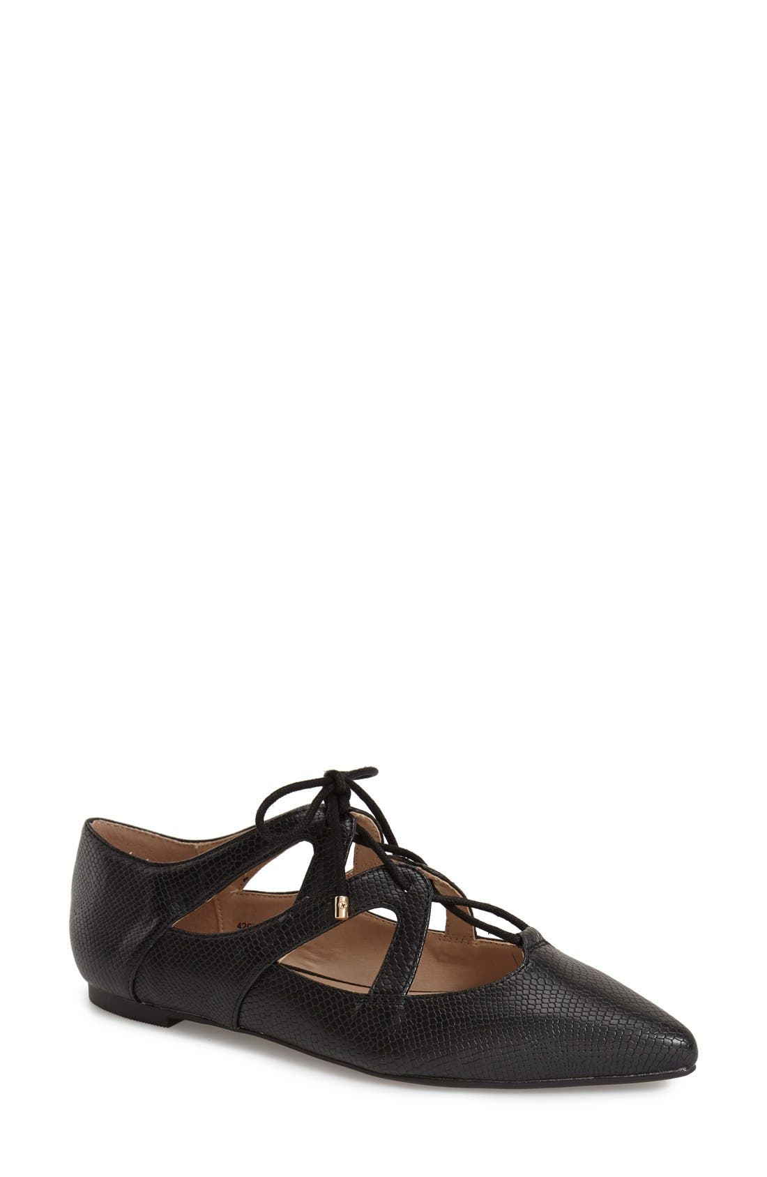 'Fickle' Pointy Toe Ghillie Flat, Main, color, BLACK