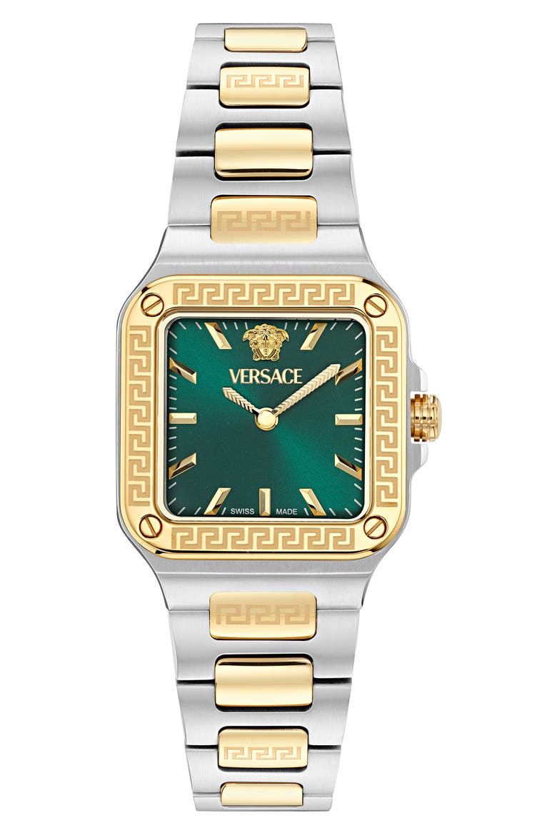 Greca Edge Two-Tone Bracelet Watch, 30mm x 30mm, Main, color, GREEN/ TWO TONE
