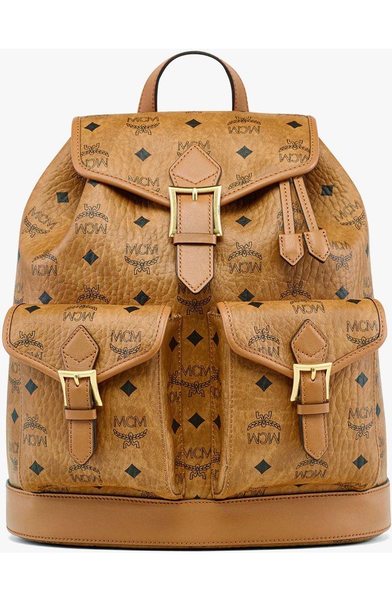 MCM Small Aren Drawstring Backpack in Visetos, Main, color, Brown