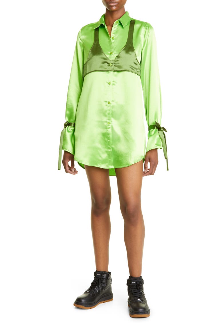 Michelle Long Sleeve Satin Mini Shirtdress, Main, color, GREEN