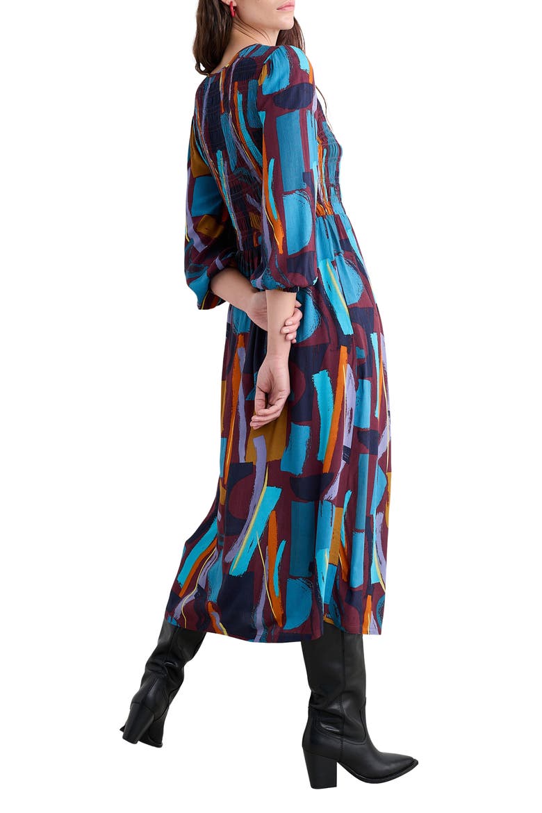 Meadowsweet Geo Print Smocked Midi Dress, Alternate, color, ZENNOR STACK DARK RYE