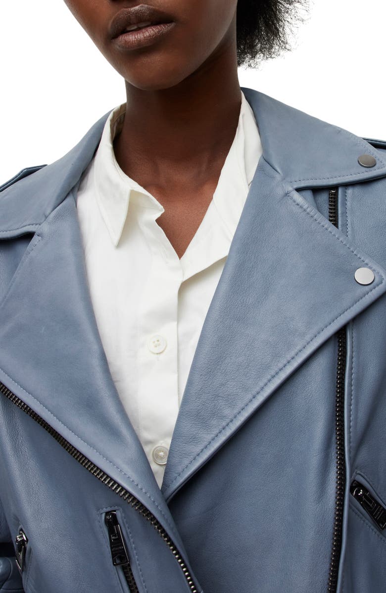AllSaints Women's Belted Crop Leather Moto Jacket, Alternate, color, Flint Blue