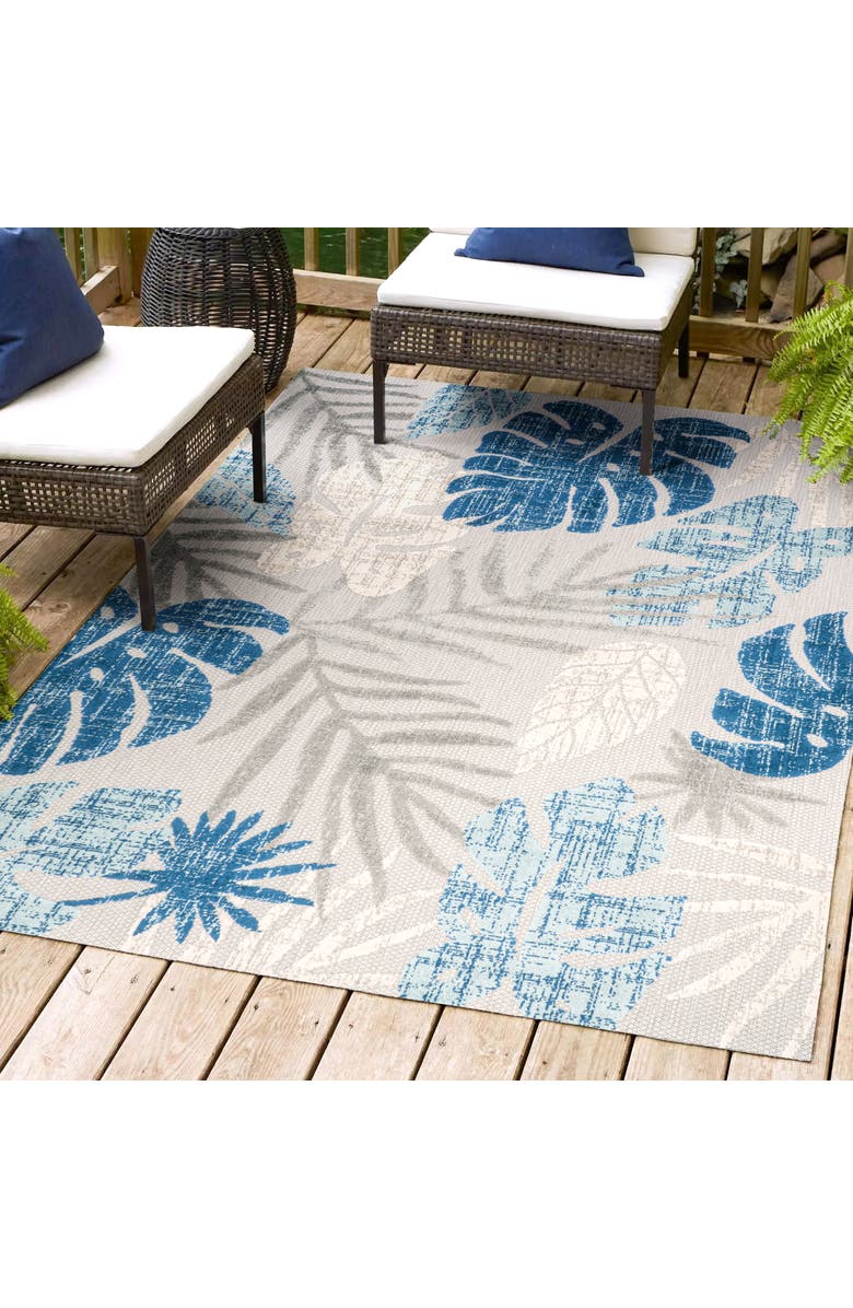 JONATHAN Y Monstera Tropical Leaf High-Low Indoor/Outdoor Area Rug, Alternate, color, Light Gray/Navy