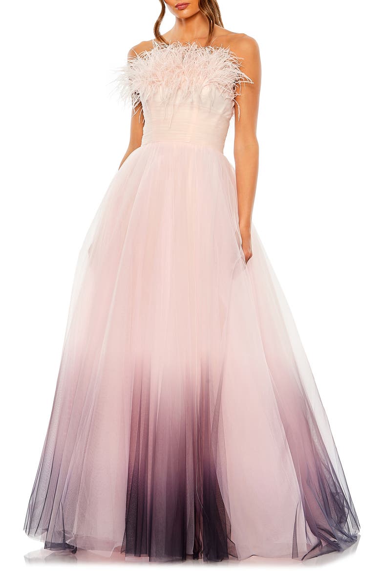 Strapless Feather Hem Tulle Gown, Main, color, PINK OMBRE