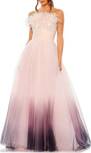 Mac Duggal Strapless Feather Hem Tulle Gown