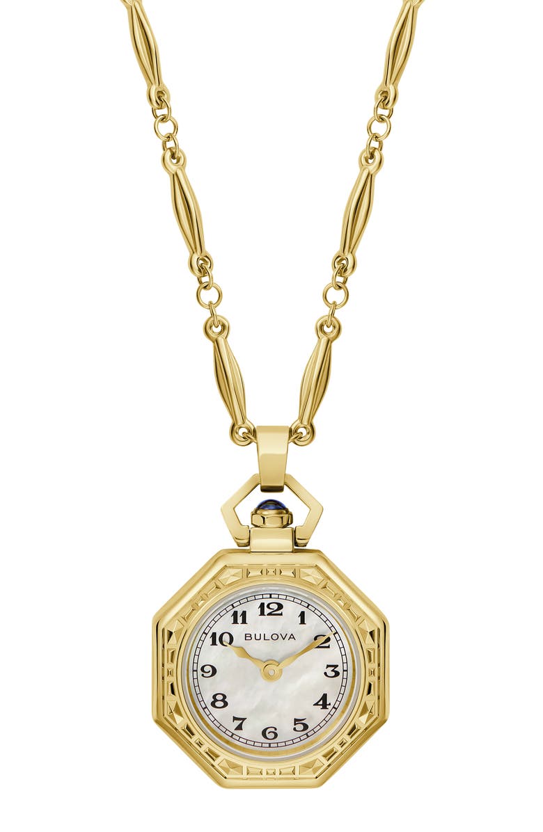 BULOVA Rubaiyat Mother-of-Pearl Pendant Necklace Watch, 28.8mm, Main, color, Gold-Tone