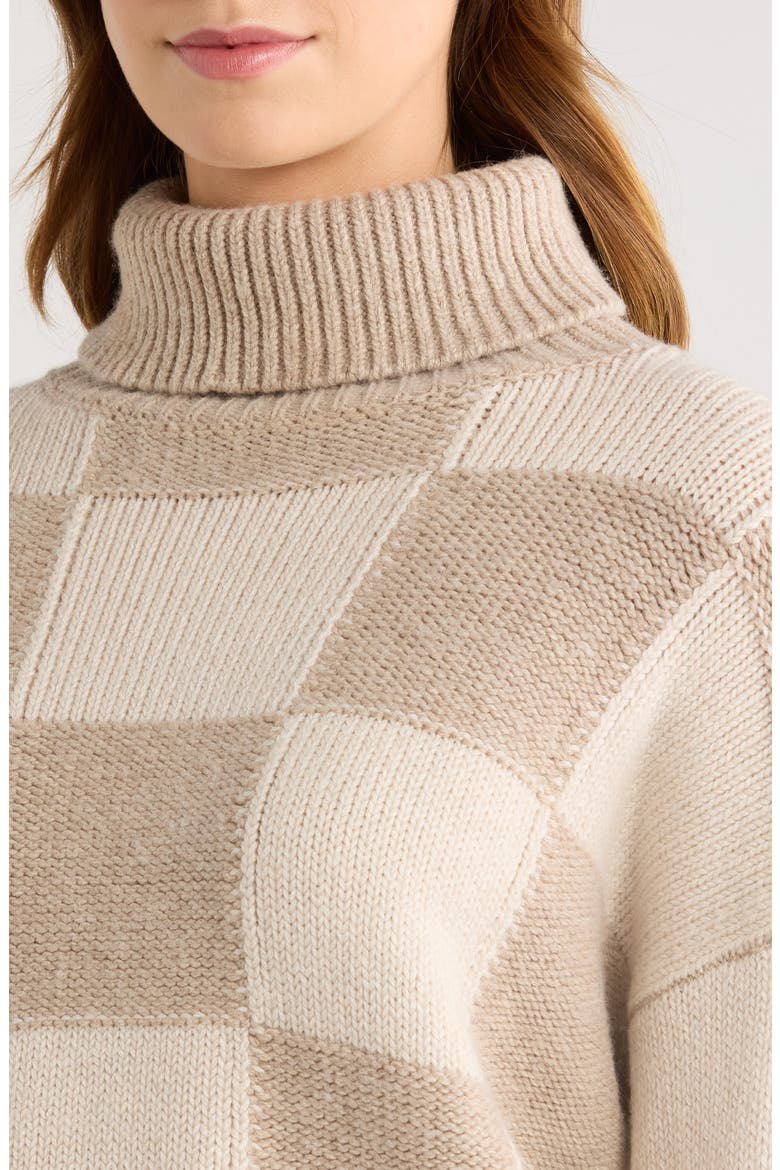 Thea Check Crop Turtleneck Sweater, Alternate, color, PALE OAK WHITE/ BROWN
