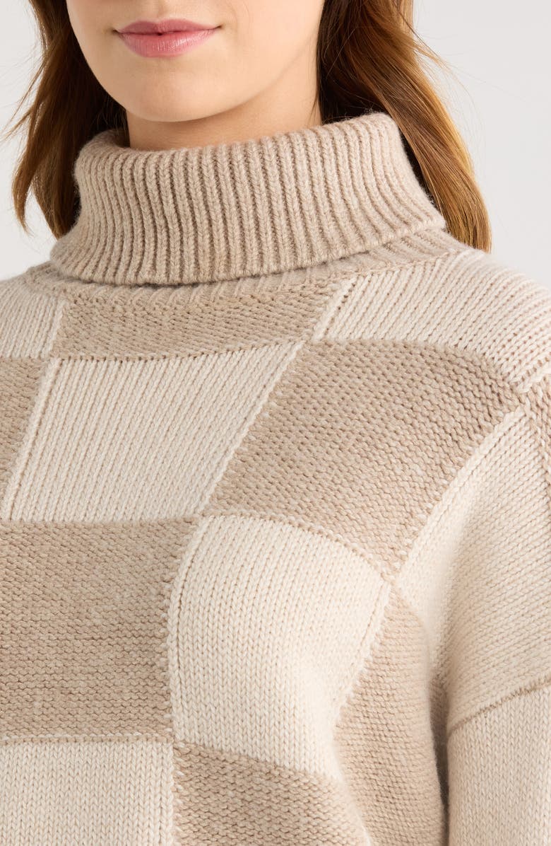 Splendid Thea Check Crop Turtleneck Sweater, Alternate, color, Pale Oak White/ Brown