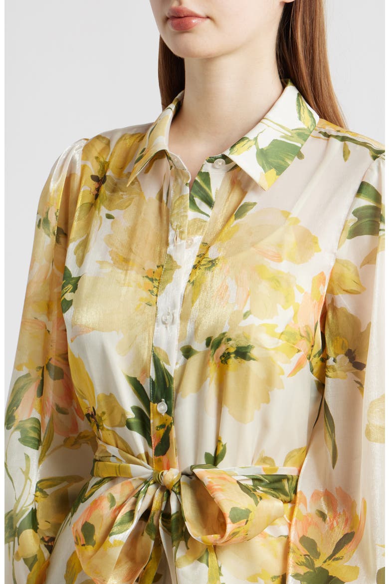 Floral Long Sleeve Tie Belt Organza Cocktail Shirtdress, Alternate, color, YELLOW MULTI