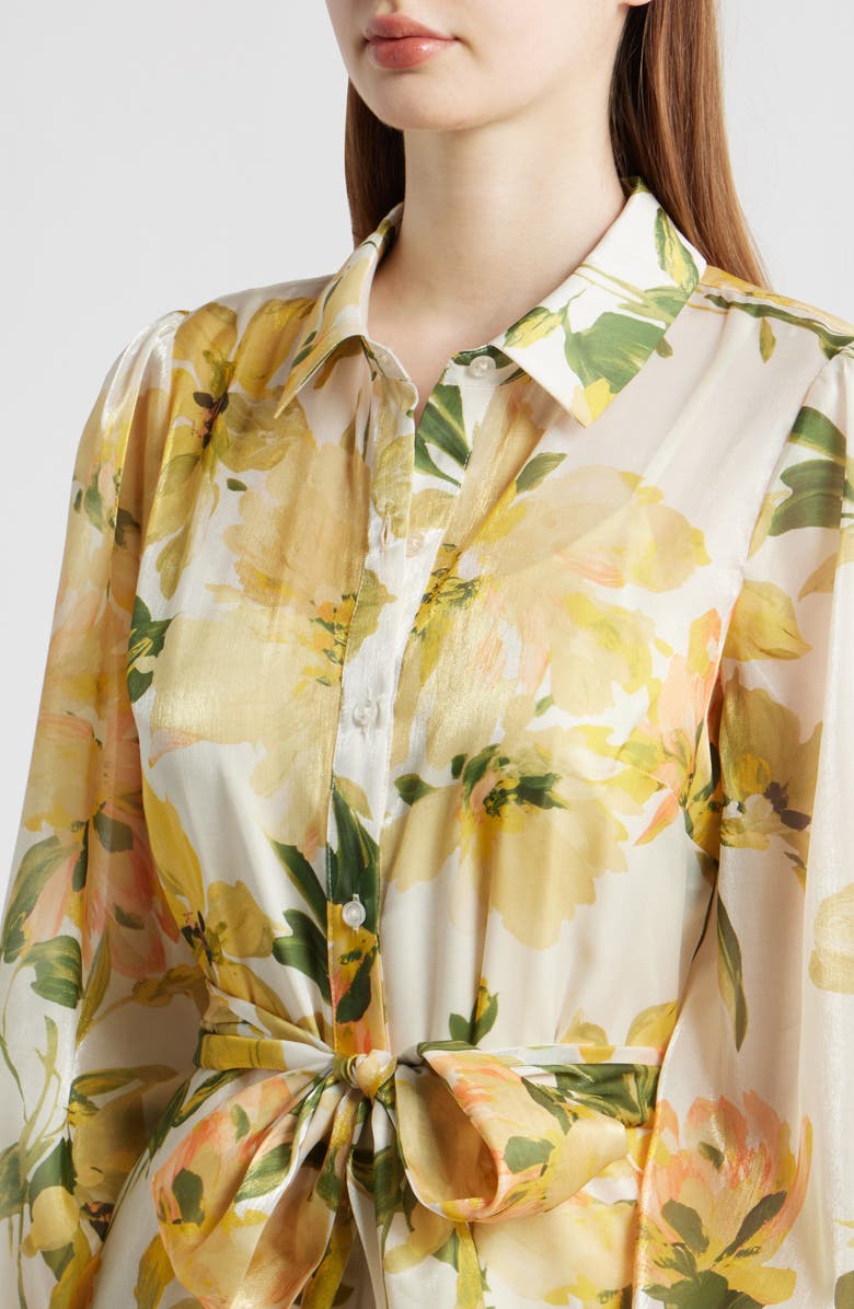 Julia Jordan Floral Long Sleeve Tie Belt Organza Cocktail Shirtdress, Alternate, color, Yellow Multi