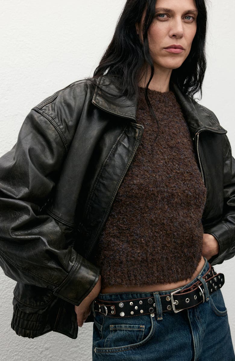 MANGO Short Sleeve Bouclé Sweater, Alternate, color, Chocolate