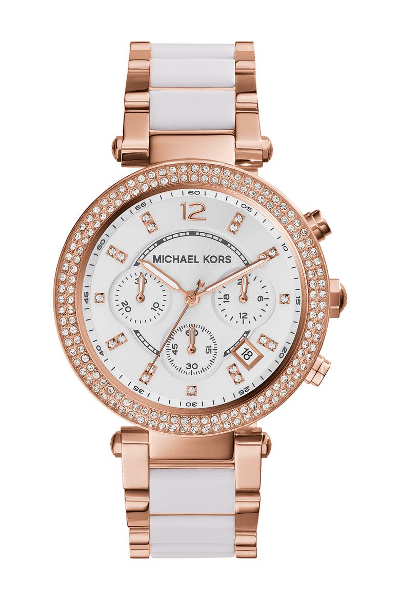 'Parker' Blush Acetate Link Chronograph Watch, 39mm, Main, color, ROSE GOLD