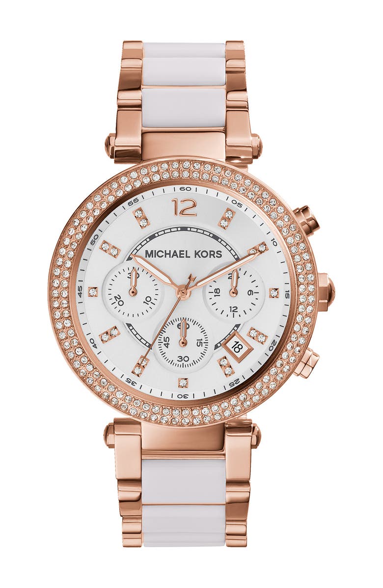 Michael Kors 'Parker' Blush Acetate Link Chronograph Watch, 39mm, Main, color, 