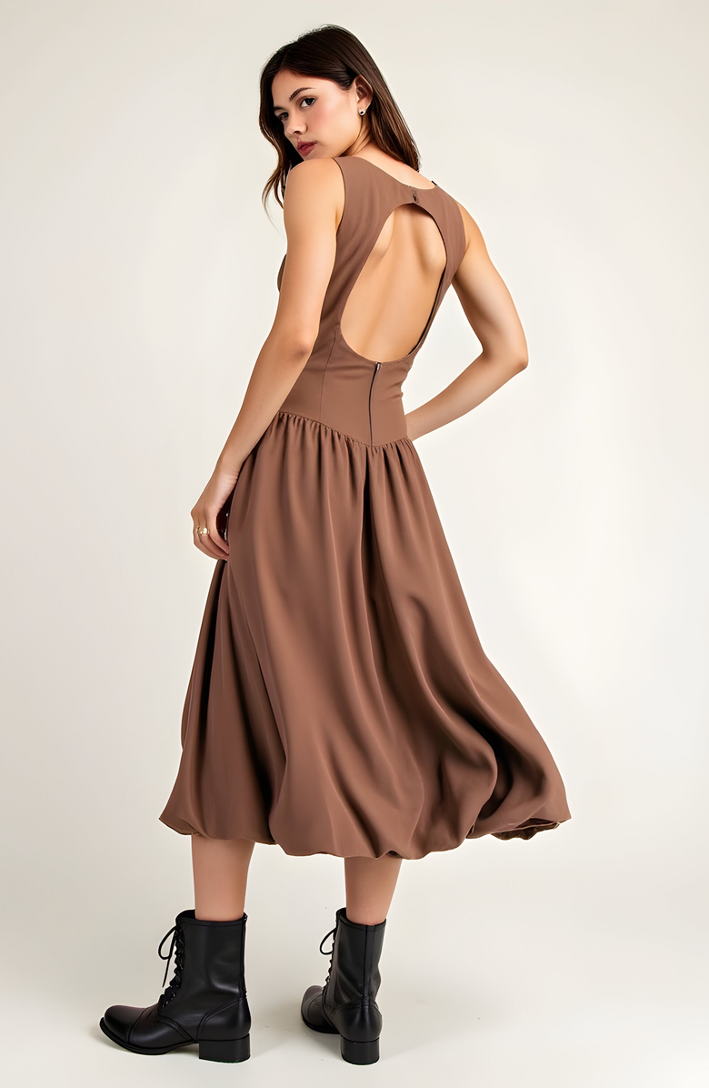 Modenaire Sleeveless Fit and Flare Midi Bubble Hem Dress with Gathered Skirt Detail, Alternate, color, 