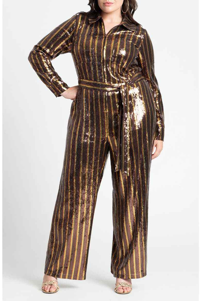 Print Sequin Long Sleeve Jumpsuit, Main, color, MINT COCOA STRIPE