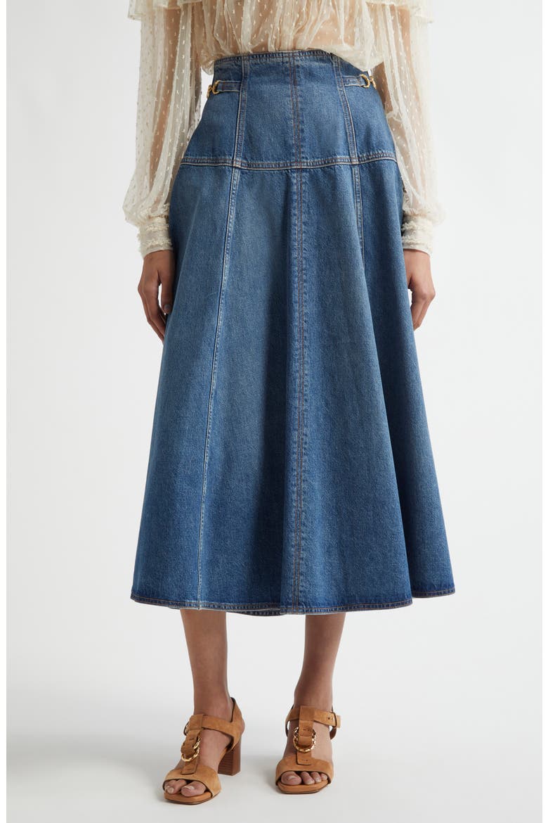 The Brigette A-Line Denim Midi Skirt, Main, color, DANUBE
