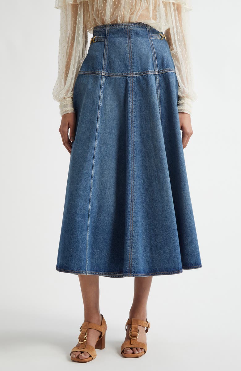 Ulla Johnson The Brigette A-Line Denim Midi Skirt, Main, color, Danube