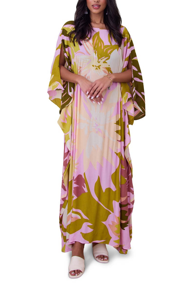 Botanical Print Maxi Caftan, Main, color, PINK