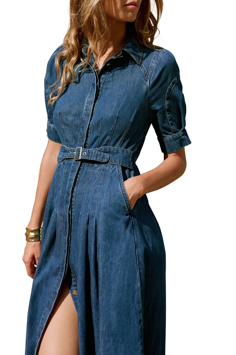 Denim Midi Shirt Dress with a belt, Alternate, color, Navy