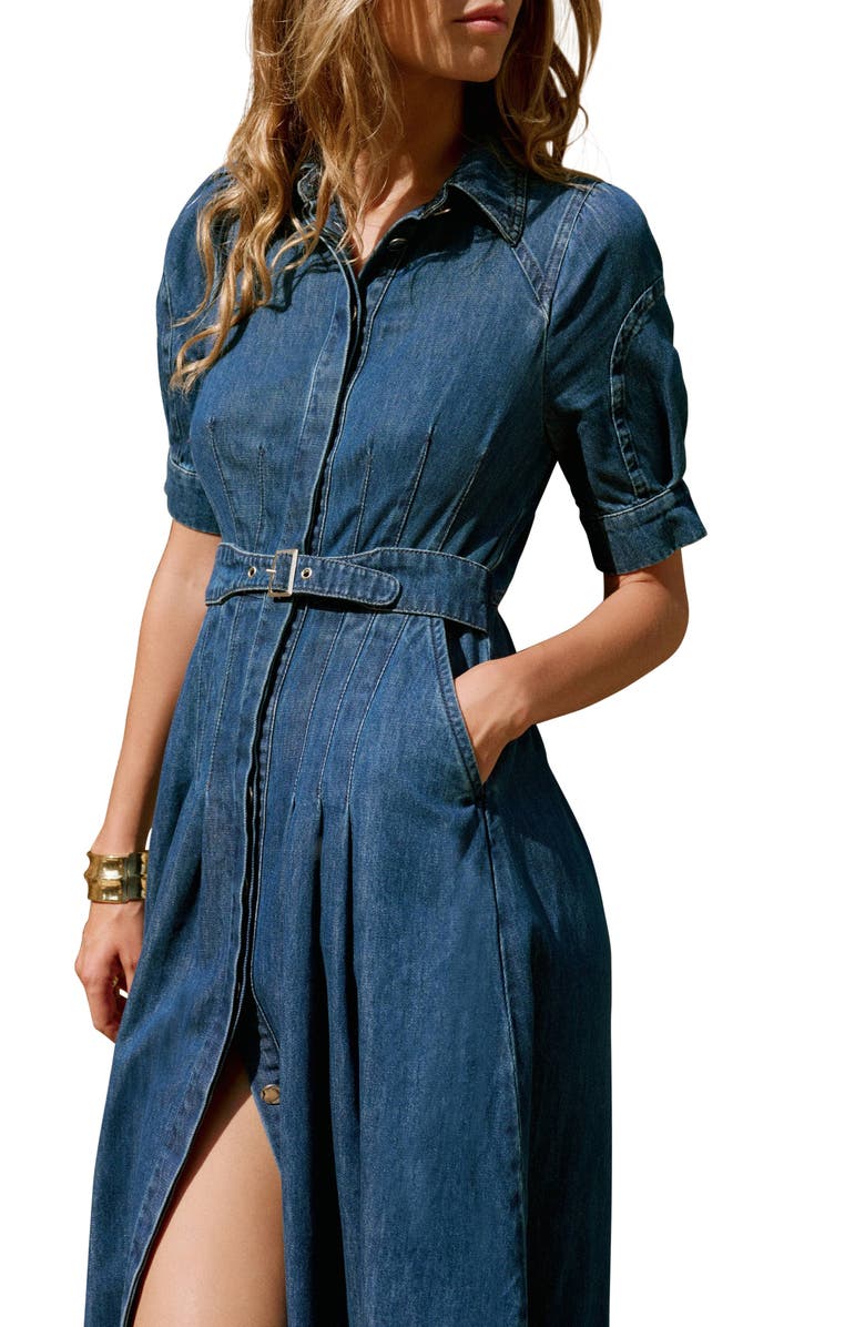 MINT VELVET Denim Midi Shirt Dress with a belt, Alternate, color, Navy