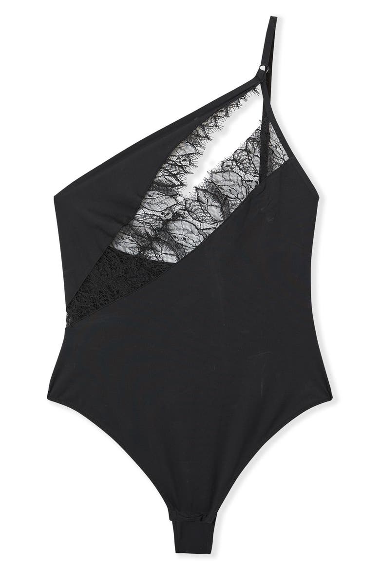 Mysterieuse Lace Inset Bodysuit, Alternate, color, BLACK