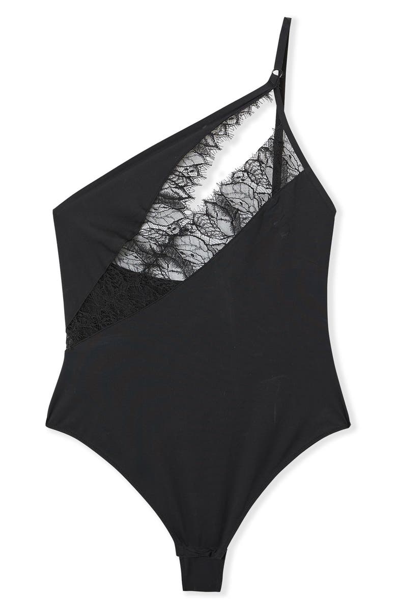 Etam Mysterieuse Lace Inset Bodysuit, Alternate, color, Black
