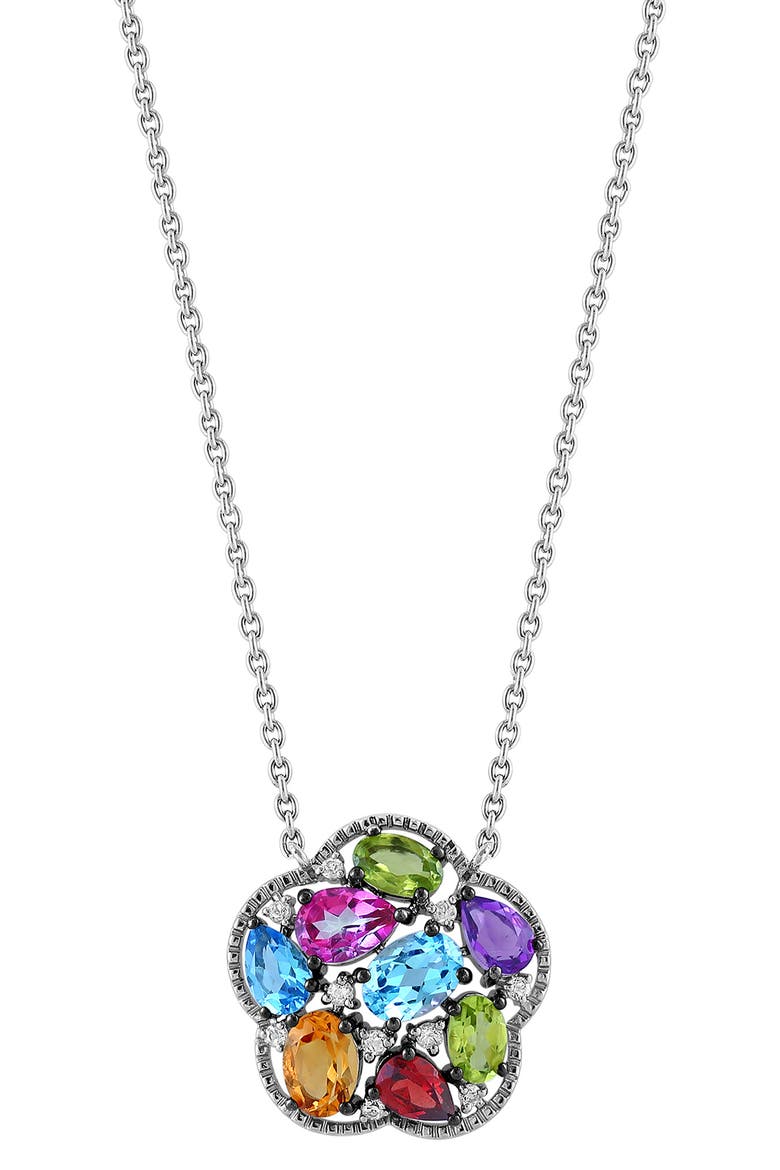 Sterling Silver Semprecious Stone & Diamond Floral Pendant Necklace, Main, color, SILVER MULTI