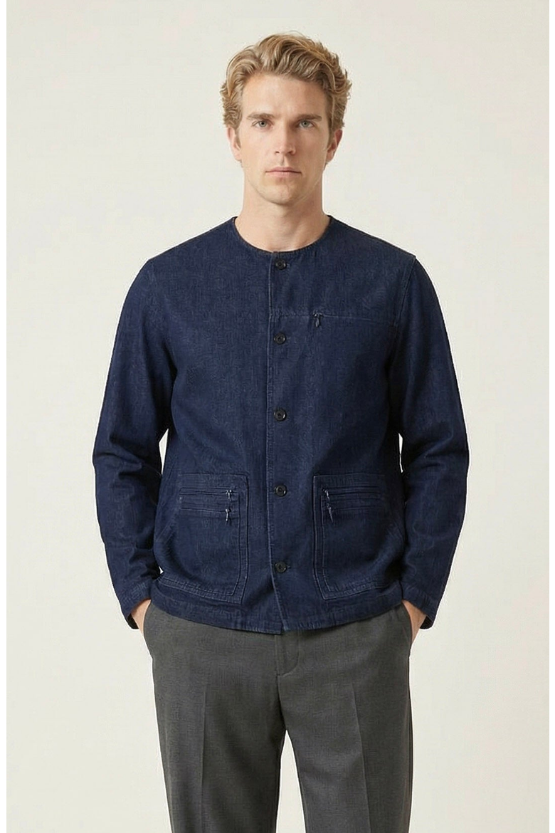 Collarless Button Front Utility Pocket Jacket, Main, color, Navy