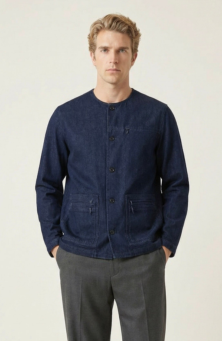 Modenaire Collarless Button Front Utility Pocket Jacket, Main, color, Navy
