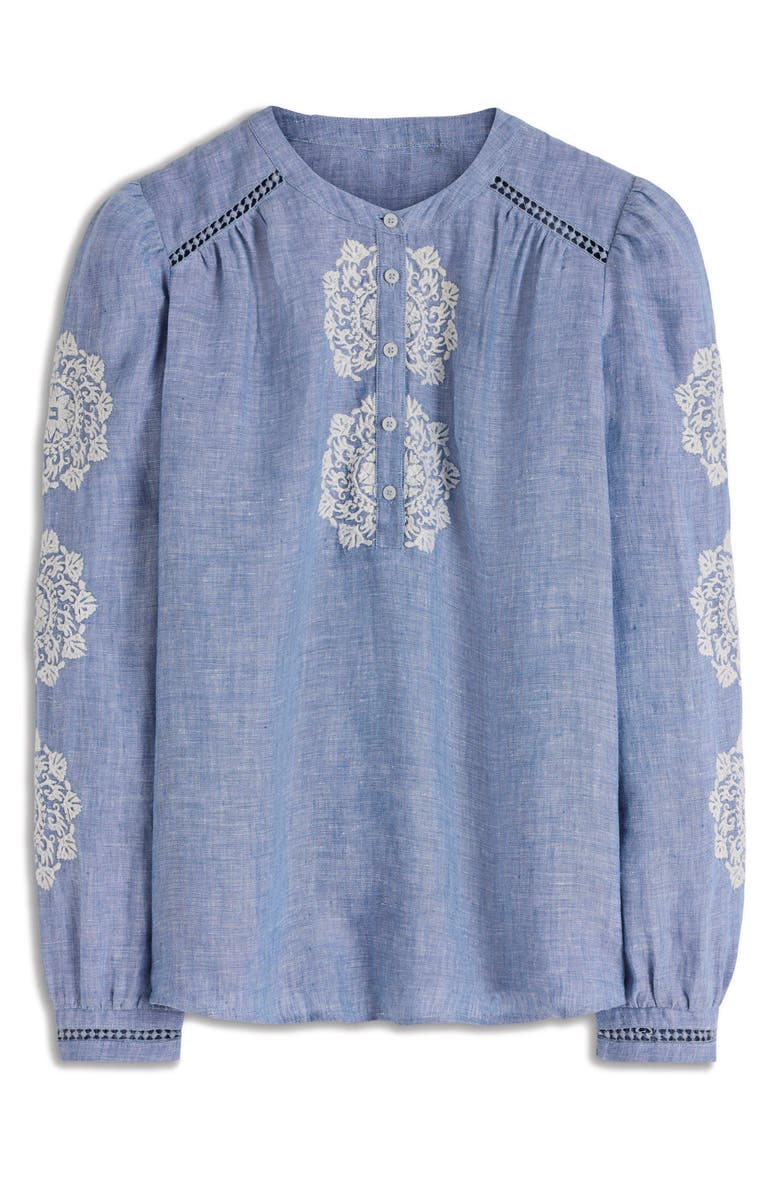 Boden Interest Embroidered Trim Chambray Top, Alternate, color, Chambray