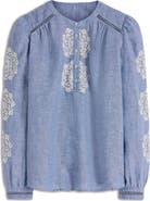 Boden Interest Embroidered Trim Chambray Top