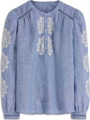 Boden Interest Embroidered Trim Chambray Top
