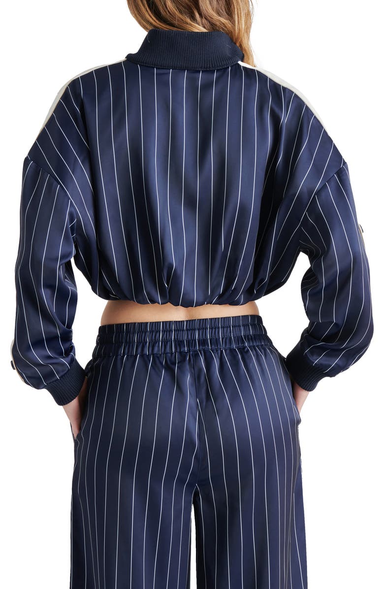 Steve Madden Beckham Pinstripe Crop Satin Jacket, Alternate, color, Navy