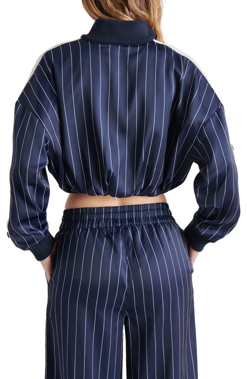 Steve Madden Beckham Pinstripe Crop Satin Jacket In Navy