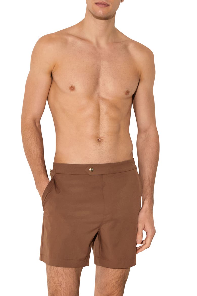Sun Solid Side Adjuster Swim Trunks, Main, color, MAHOGANY BROWN