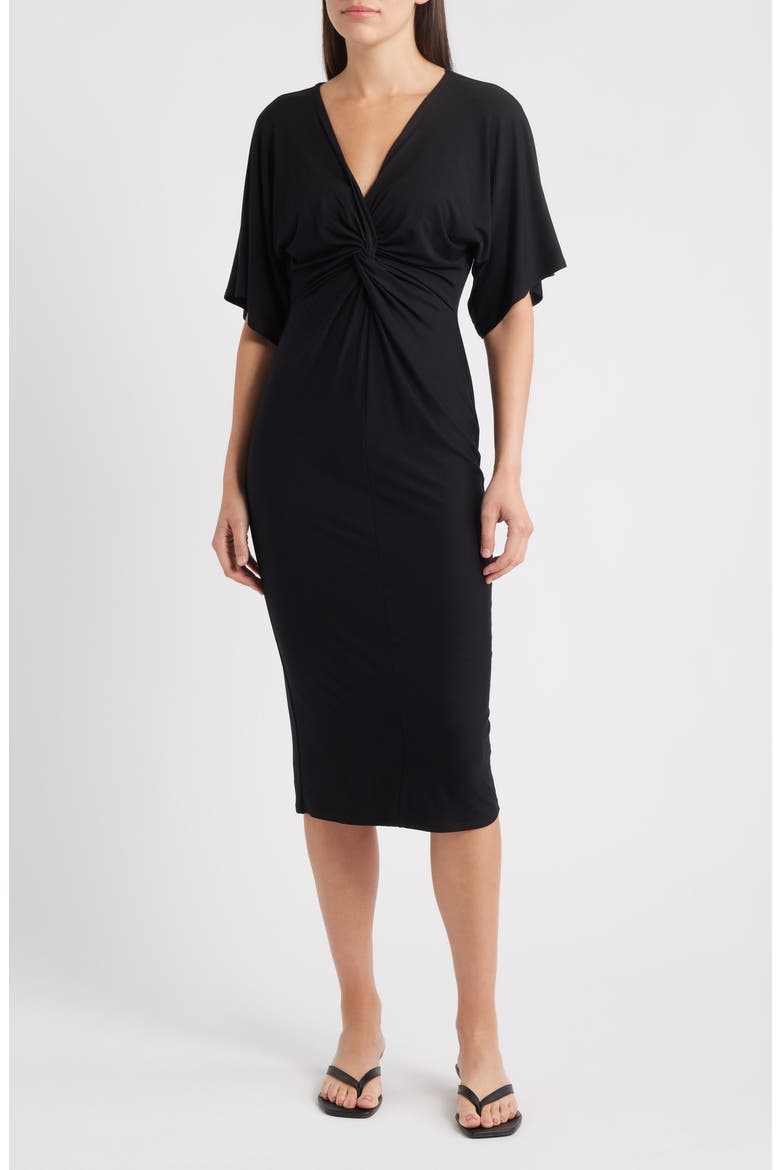 Twist Front Knit Midi Dress, Main, color, BLACK