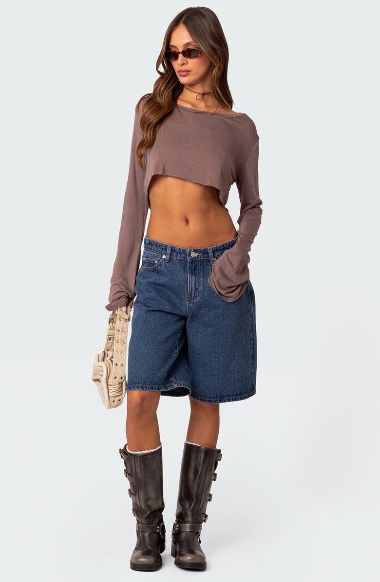 EDIKTED Sheer Raw Hem Crop Top, Alternate, color, Brown