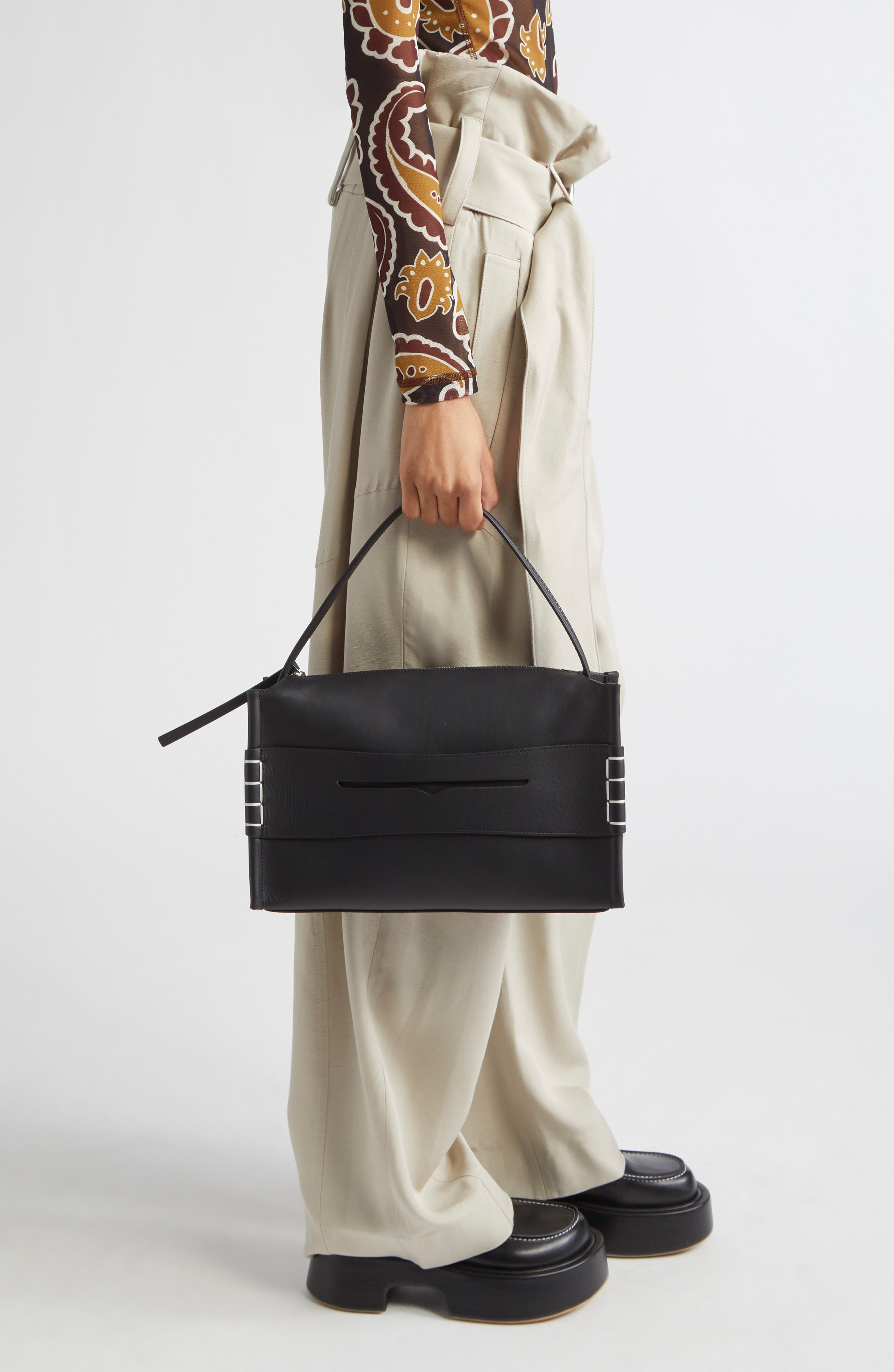 JW Anderson Medium Loafer Leather Shoulder Bag, Alternate, color, Black 999