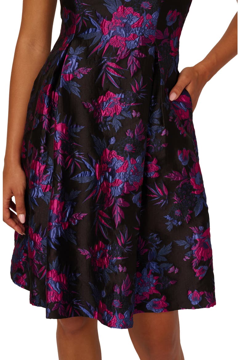 Floral Ruffle Jacquard Cocktail Dress, Alternate, color, BLACK/ PINK MULTI