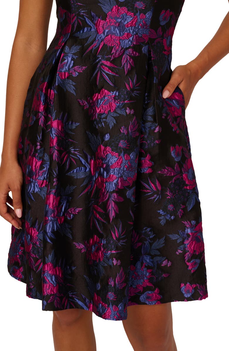 Adrianna Papell Floral Ruffle Jacquard Cocktail Dress, Alternate, color, Black/ Pink Multi