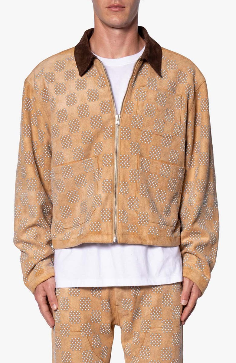 mnml Studded Turquoise Checker Corduroy Collar Trucker Jacket, Main, color, Tan