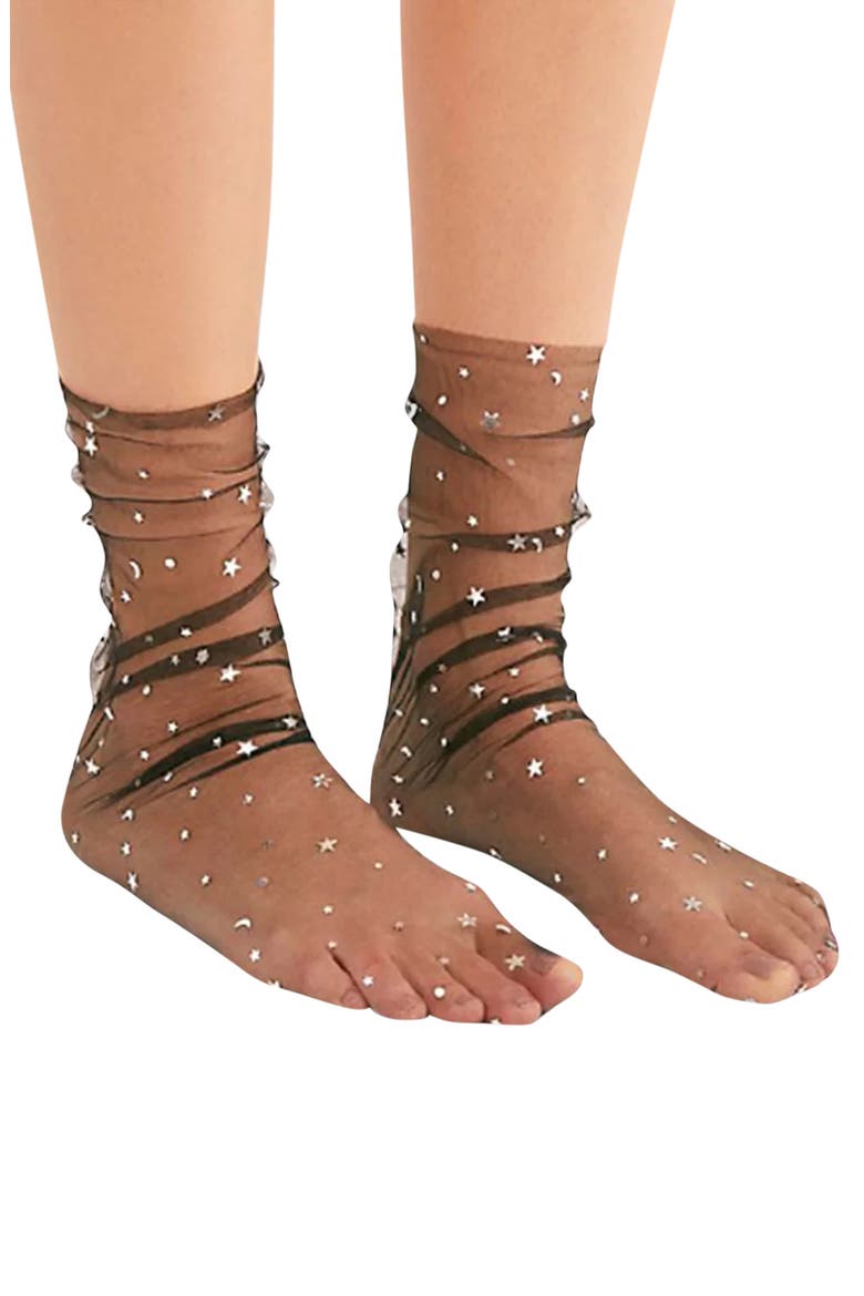 Starry Sky Tulle Crew Socks, Main, color, BLACK