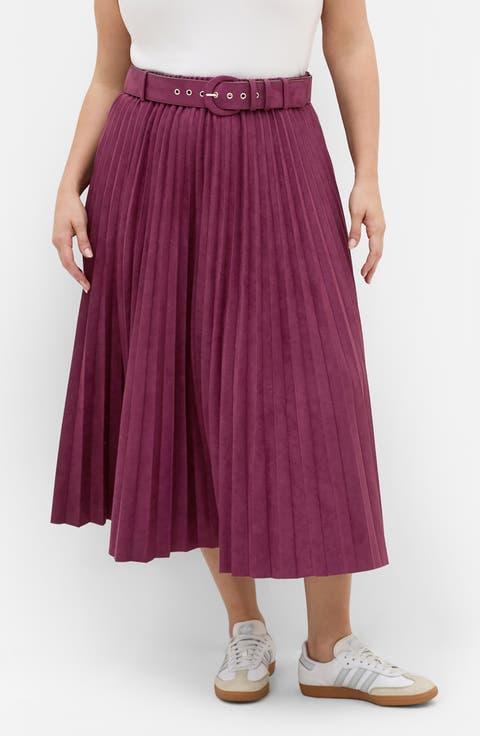 Pleated Belted Faux Suede Skirt