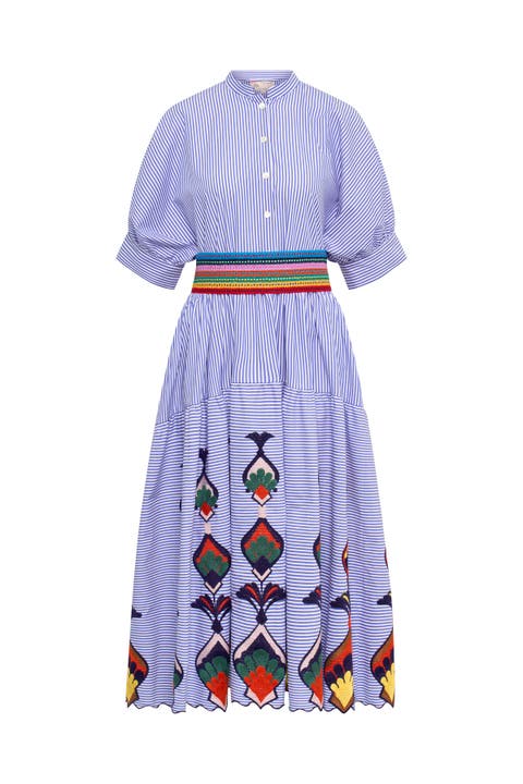 Embroidered Striped Cotton Dress